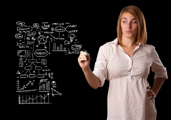 Femme dessin schéma d'entreprise et des icônes sur tableau blanc — Photo