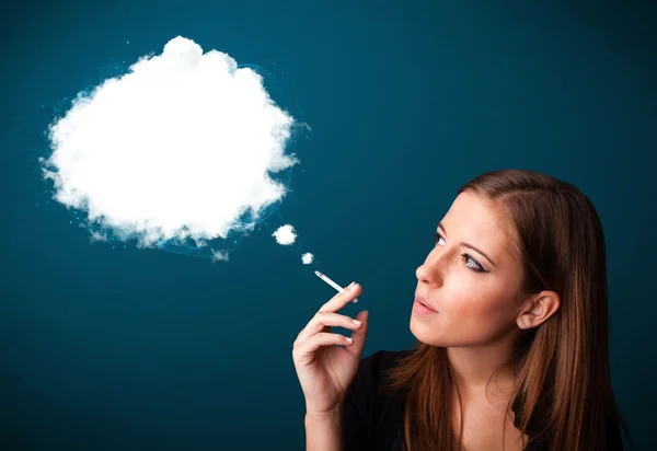 Young woman smoking unhealthy cigarette with dense smoke — Stock Photo, Image