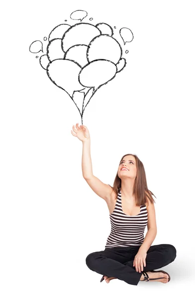 Ευτυχισμένη γυναίκα κρατώντας μπαλόνια σχέδιο — Φωτογραφία Αρχείου