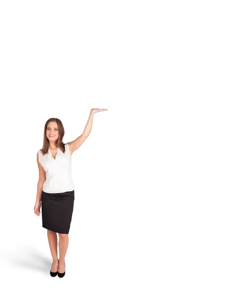 Young woman presenting white copy space — Stock Photo, Image