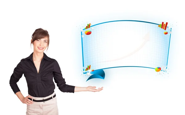 Young woman presenting abstract copy space with graphs and diagr — Stock Photo, Image