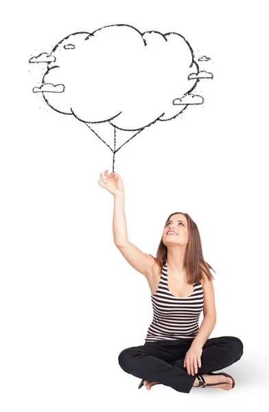 Young lady holding cloud balloon drawing — Stock Photo, Image