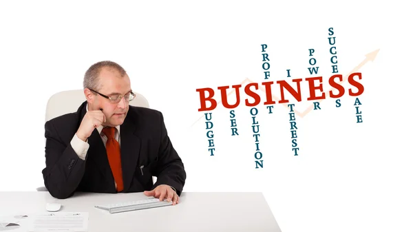 Businessman sitting at desk and typing on keyboard with word clo — Stok fotoğraf