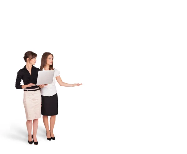 Young women presenting white copy space — Stock Photo, Image