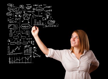 Woman drawing business scheme and icons on whiteboard clipart