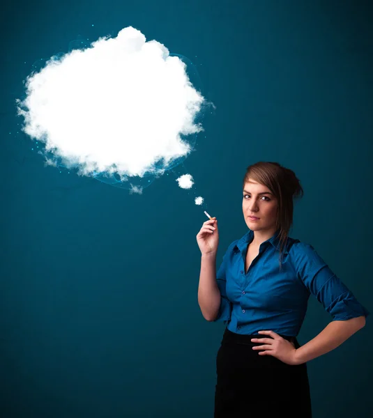 Young woman smoking unhealthy cigarette with dense smoke — Stock Photo, Image