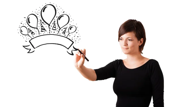 Young girl drawing a party label on whiteboard — Stock Photo, Image