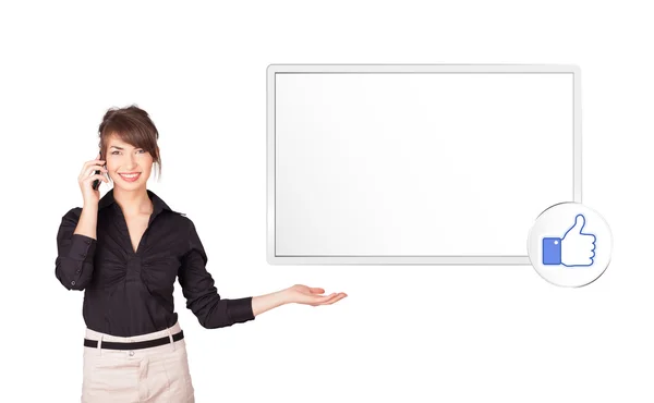 Young woman presenting modern copy space — Stock Photo, Image