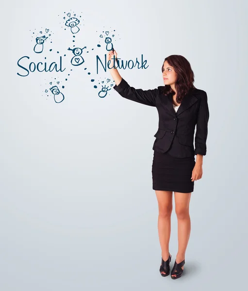 Woman draving social network theme on whiteboard — Stock Photo, Image