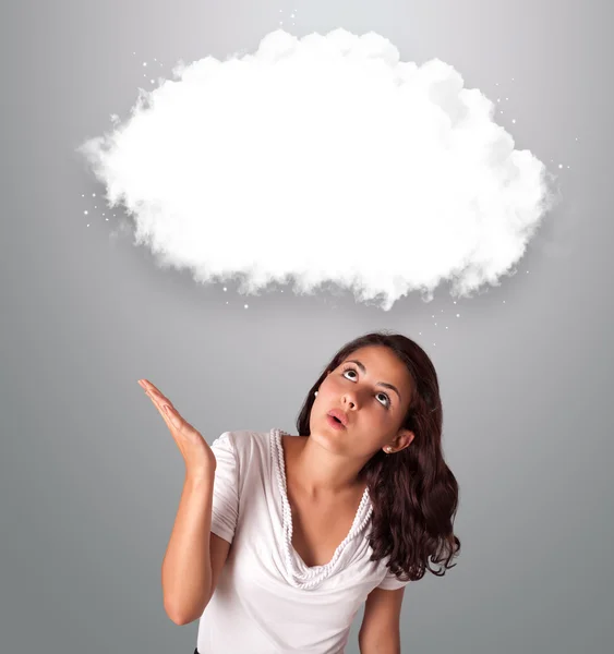 Attractie woman looking abstract cloud copy space — Stock Photo, Image