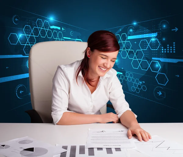 Businesswoman doing paperwork with futuristic background — Stock Photo, Image