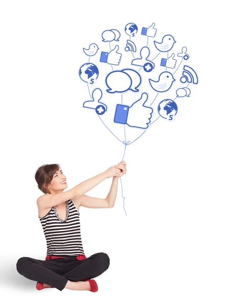 Senhora feliz segurando balão ícone social — Fotografia de Stock