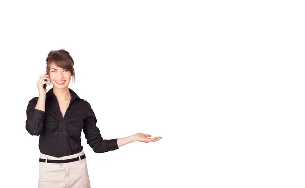 Young woman presenting white copy space — Stock Photo, Image