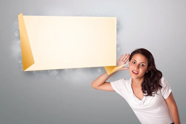 Young woman gesturing with modern origami copy space — Stock Photo, Image