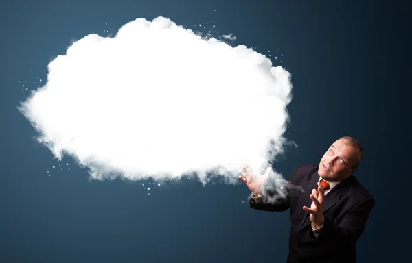 Crazy businessman presenting abstract cloud copy space — Stock Photo, Image