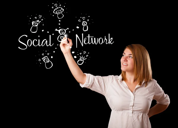 Donna draving tema social network sulla lavagna — Foto Stock