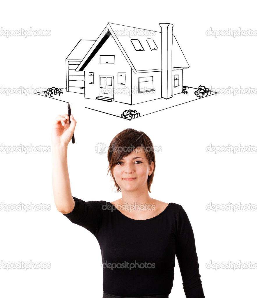 Young woman drawing a house on whiteboard
