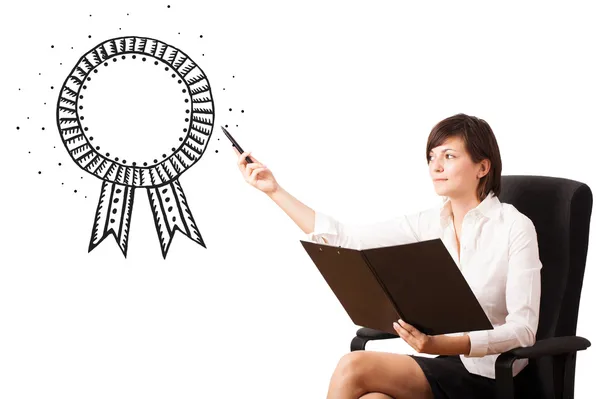 Young business woman presenting a ribbon — Stock Photo, Image