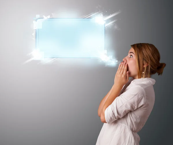 Young woman with abstract modern speech bubble — Stock Photo, Image