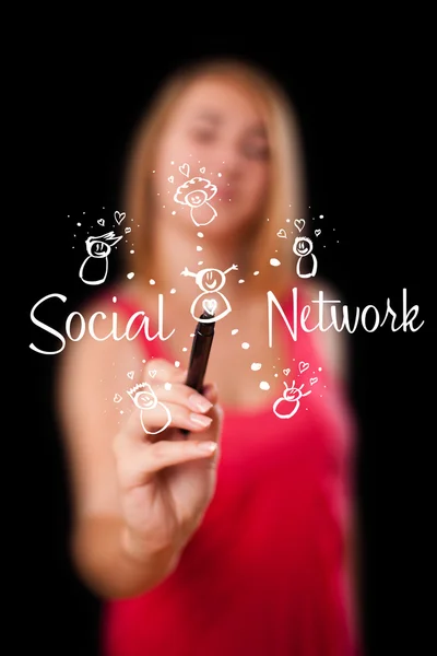 Woman draving social network theme on whiteboard Royalty Free Stock Images