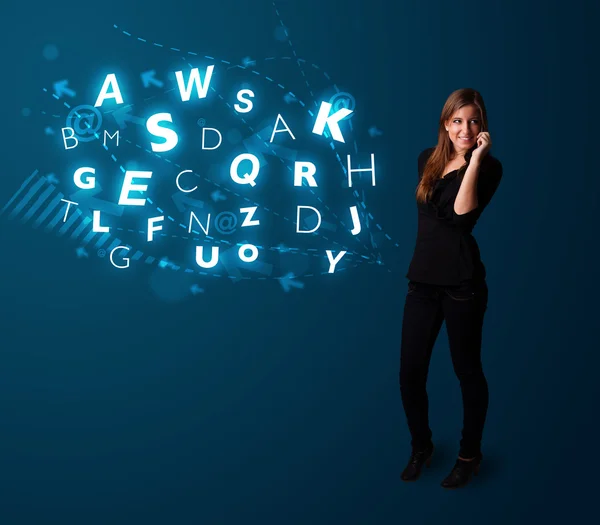 Young lady making phone call with shiny characters — Stock Photo, Image