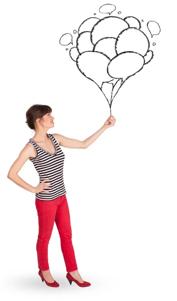 Donna felice in possesso di palloncini disegno — Foto Stock