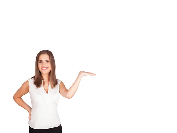 Young woman presenting white copy space — Stock Photo, Image