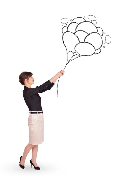 Happy woman holding balloons drawing — Stock Photo, Image