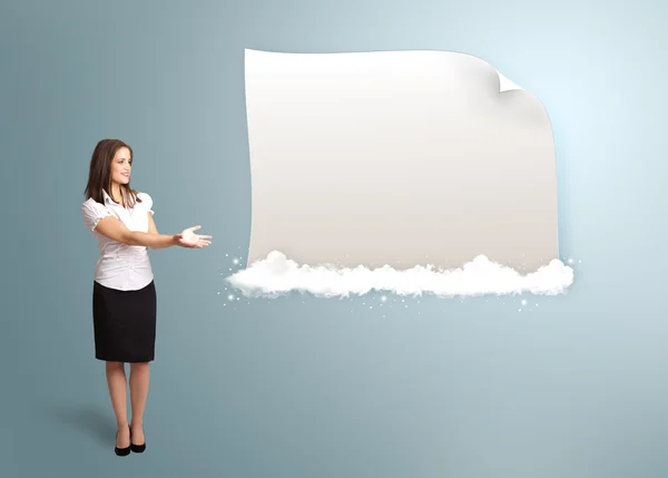 Pretty woman presenting modern copy space on clouds — Stock Photo, Image