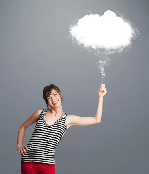 Beautiful lady holding cloud — Stock Photo, Image