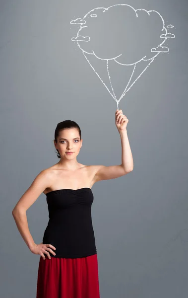 Ładna pani trzyma chmurę balon rysunek — Zdjęcie stockowe