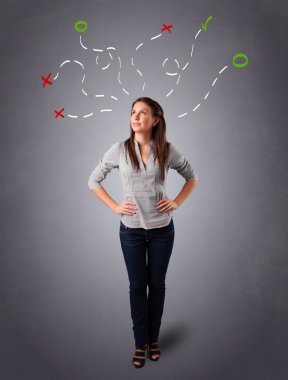 Young woman thinking with abstract marks overhead clipart