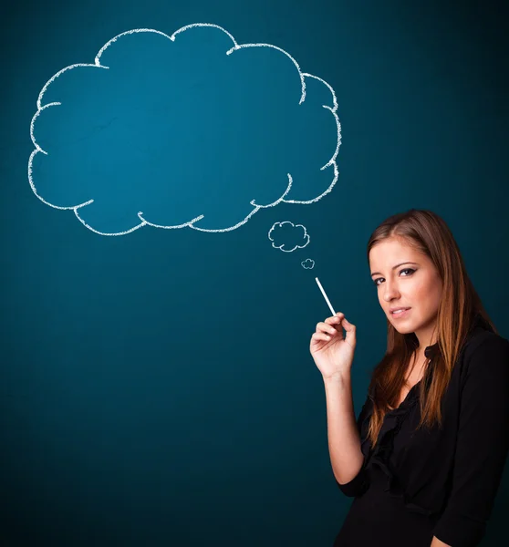 Beautiful lady smoking cigarette with idea cloud — Stock Photo, Image