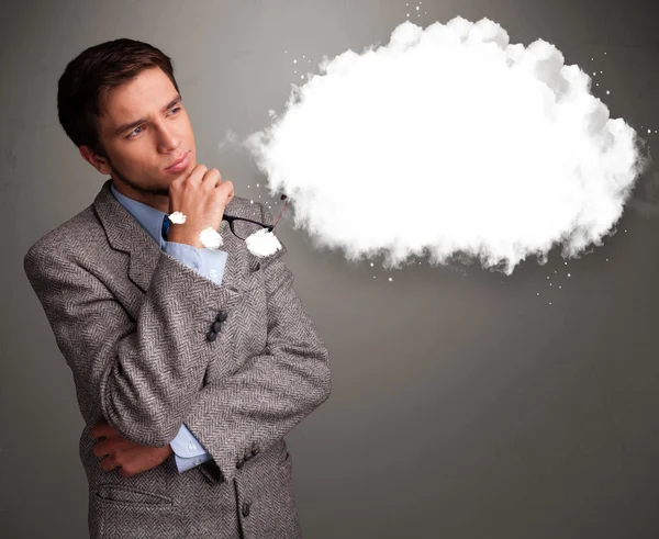 Young man thinking about cloud speech or thought bubble with cop — Stock Photo, Image