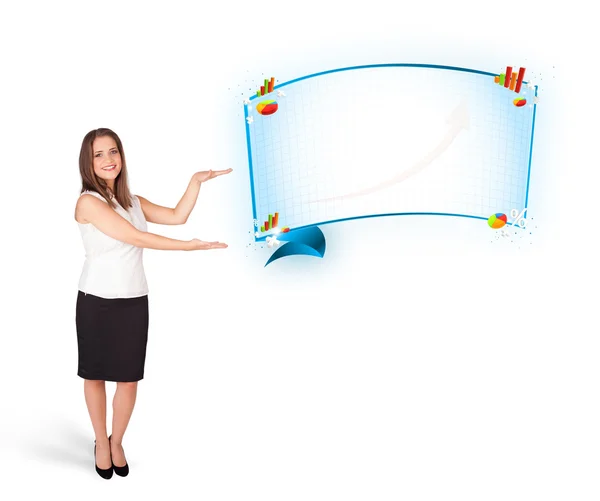 Young woman presenting abstract copy space with graphs and diagr — Stock Photo, Image