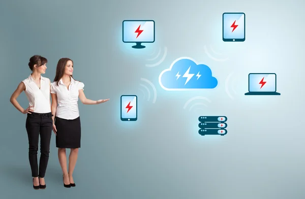 Young women presenting cloud computing network — Stock Photo, Image