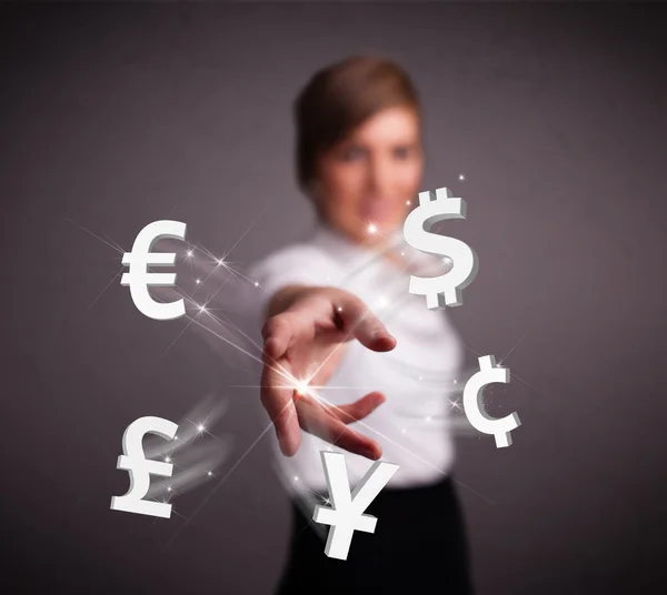 Young lady throwing currency icons — Stock Photo, Image