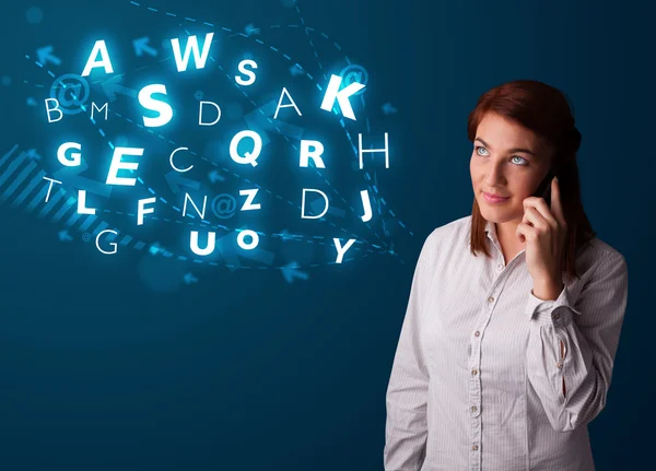 Young lady making phone call with shiny characters — Stock Photo, Image