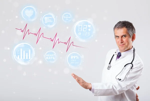 Doctor examinating modern heartbeat graphics — Stock Photo, Image