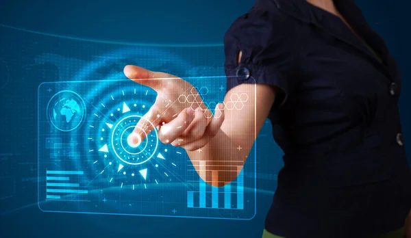 Woman pressing high tech type of modern buttons — Stock Photo, Image