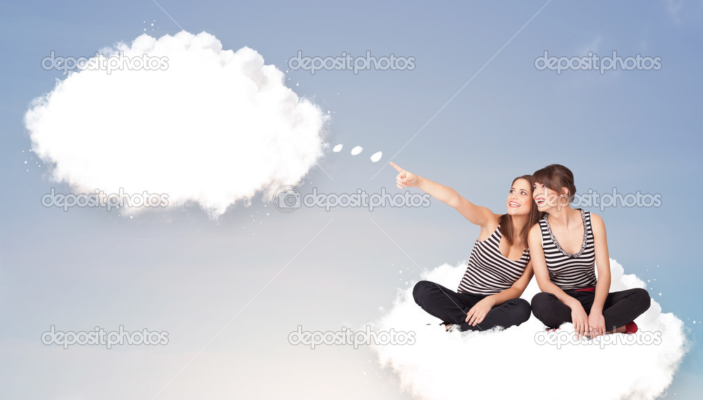Young girls sitting on cloud and thinking of abstract speech bub