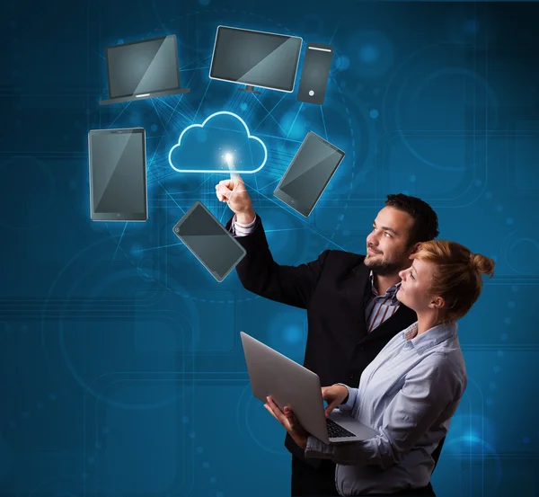 Happy couple touching cloud service — Stock Photo, Image