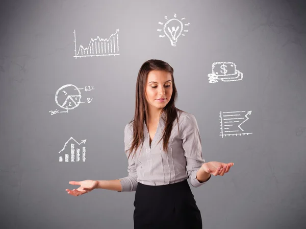 Beautiful young woman juggling with statistics and graphs — Stock Photo, Image