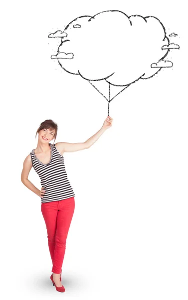 Ung dam som håller moln ballong ritning — Stockfoto