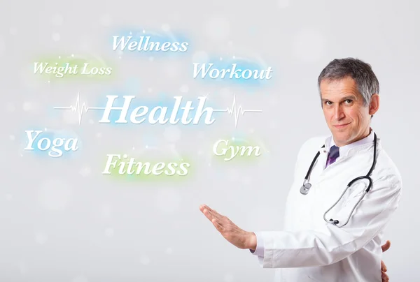 Medico clinico che indica la raccolta di salute e fitness di wor — Foto Stock
