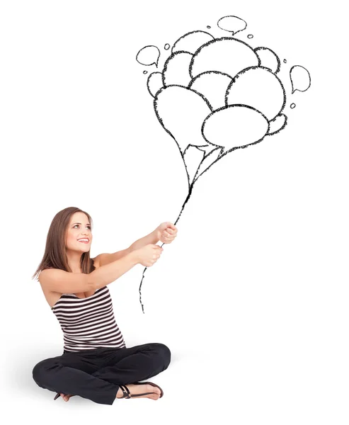 Mujer feliz sosteniendo globos dibujo — Foto de Stock