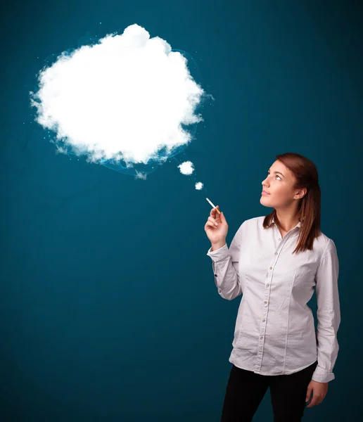 Young woman smoking unhealthy cigarette with dense smoke — Stock Photo, Image