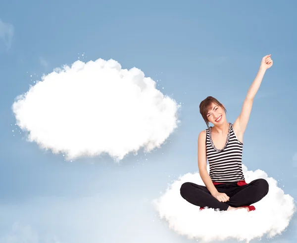 Young girl sitting on cloud and thinking of abstract speech bubb — Stock Photo, Image