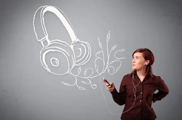 Young woman singing and listening to music with abstract headpho — Stock Photo, Image