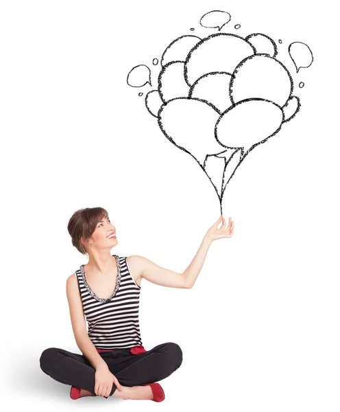 Mujer feliz sosteniendo globos dibujo — Foto de Stock